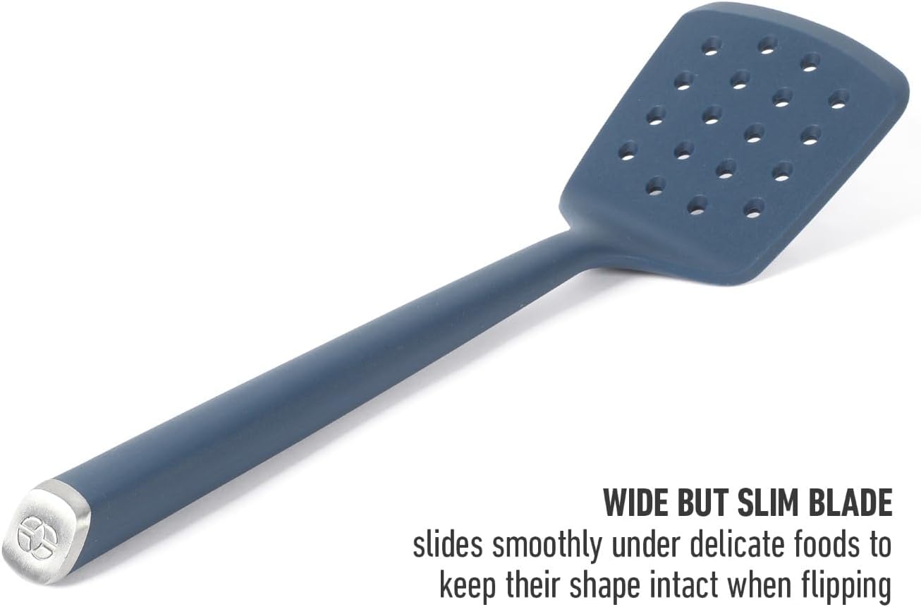 Edge Silicone Slotted Turner, Flexible Silicone Slotted Spatula with Reinforced Core, Heat-Resistant Nonstick-Safe Turner for Draining, Navy