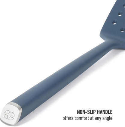 Edge Silicone Slotted Turner, Flexible Silicone Slotted Spatula with Reinforced Core, Heat-Resistant Nonstick-Safe Turner for Draining, Navy