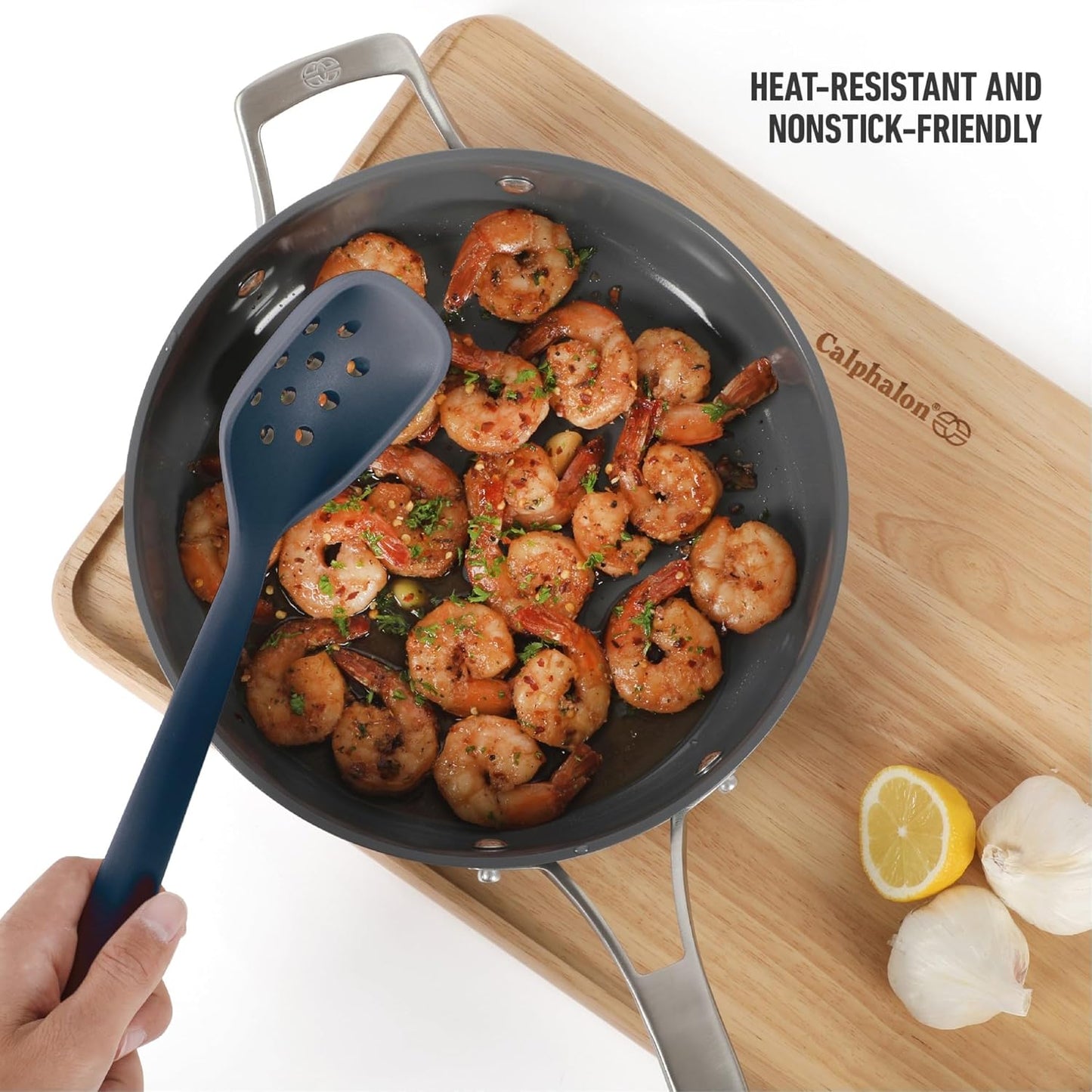 Edge Silicone Slotted Turner, Flexible Silicone Slotted Spatula with Reinforced Core, Heat-Resistant Nonstick-Safe Turner for Draining, Navy