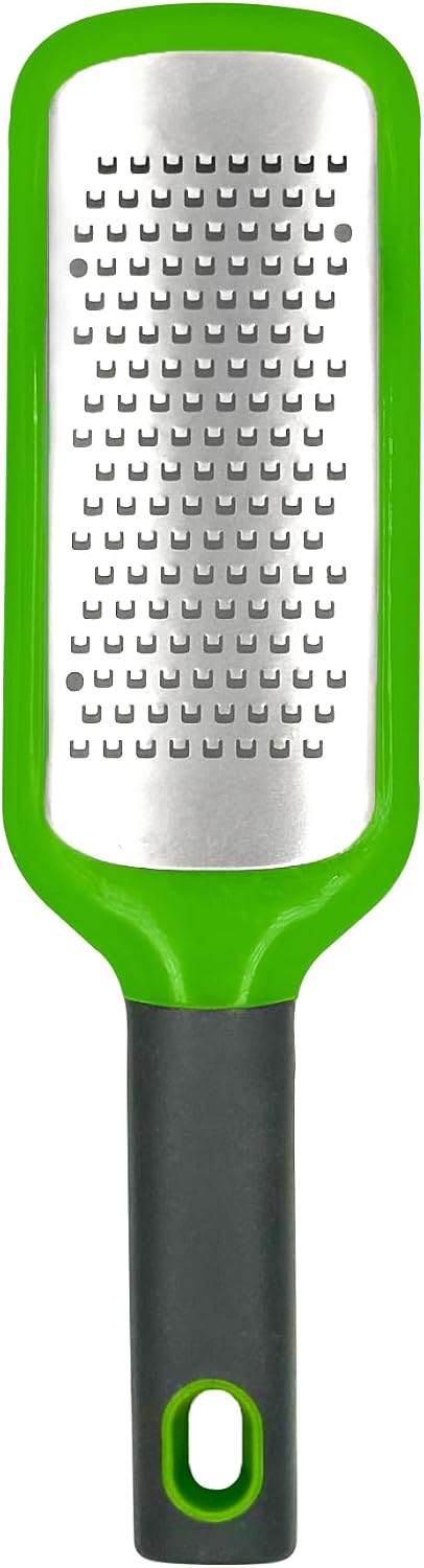 11-inch Handheld Cheese Grater - Coarse Stainless Steel Shredder for Parmesan/Cheddar, Non-Slip Silicone Handle with Storage Container (Dishwasher Safe) - Green