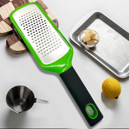 11-inch Handheld Cheese Grater - Coarse Stainless Steel Shredder for Parmesan/Cheddar, Non-Slip Silicone Handle with Storage Container (Dishwasher Safe) - Green