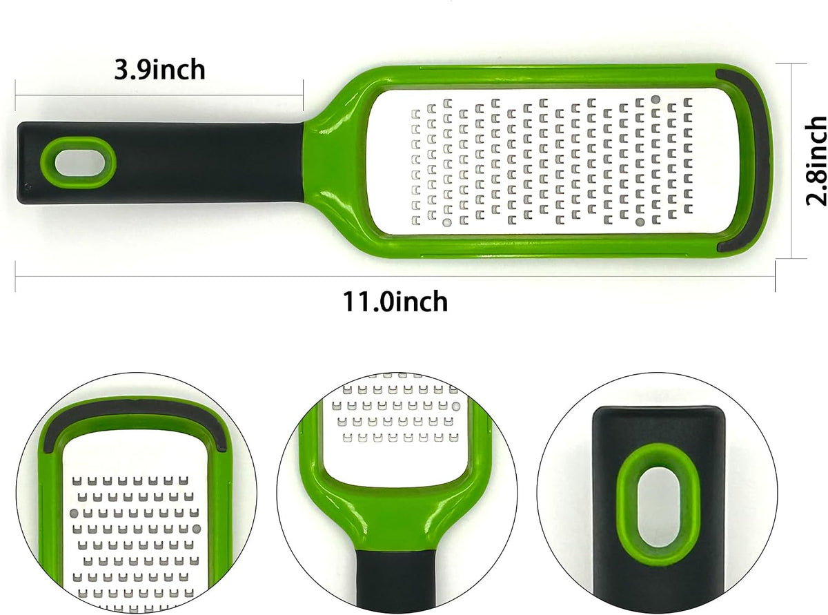 11-inch Handheld Cheese Grater - Coarse Stainless Steel Shredder for Parmesan/Cheddar, Non-Slip Silicone Handle with Storage Container (Dishwasher Safe) - Green
