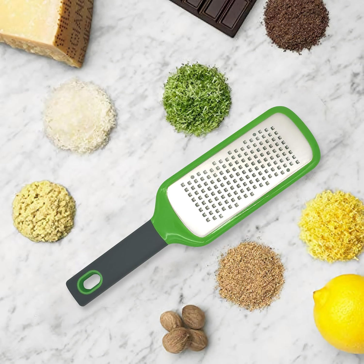 11-inch Handheld Cheese Grater - Coarse Stainless Steel Shredder for Parmesan/Cheddar, Non-Slip Silicone Handle with Storage Container (Dishwasher Safe) - Green