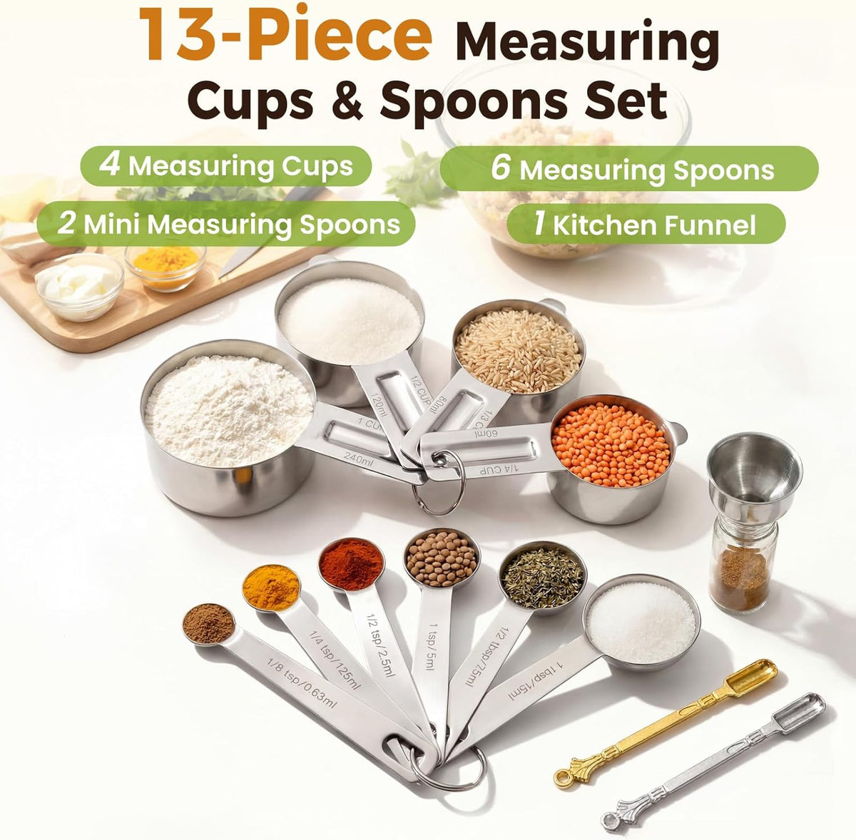 Measuring Spoons, Premium Heavy Duty Stainless Steel Measuring Spoons Cups Set, Small Tablespoon with Metric and US Measurements, Set of 6 for Measuring Dry and Liquid Ingredients