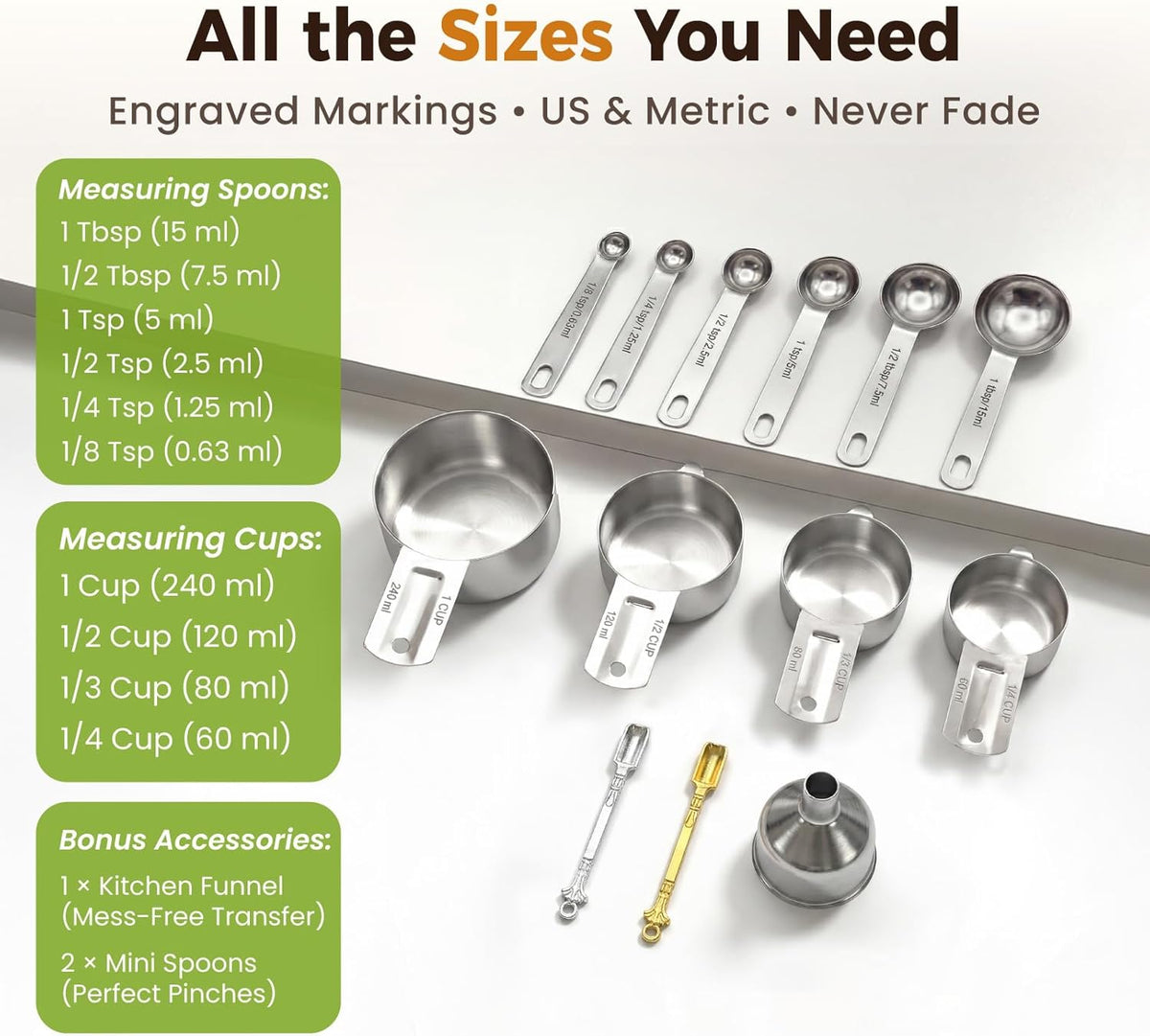 Measuring Spoons, Premium Heavy Duty Stainless Steel Measuring Spoons Cups Set, Small Tablespoon with Metric and US Measurements, Set of 6 for Measuring Dry and Liquid Ingredients