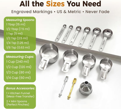 Measuring Spoons, Premium Heavy Duty Stainless Steel Measuring Spoons Cups Set, Small Tablespoon with Metric and US Measurements, Set of 6 for Measuring Dry and Liquid Ingredients