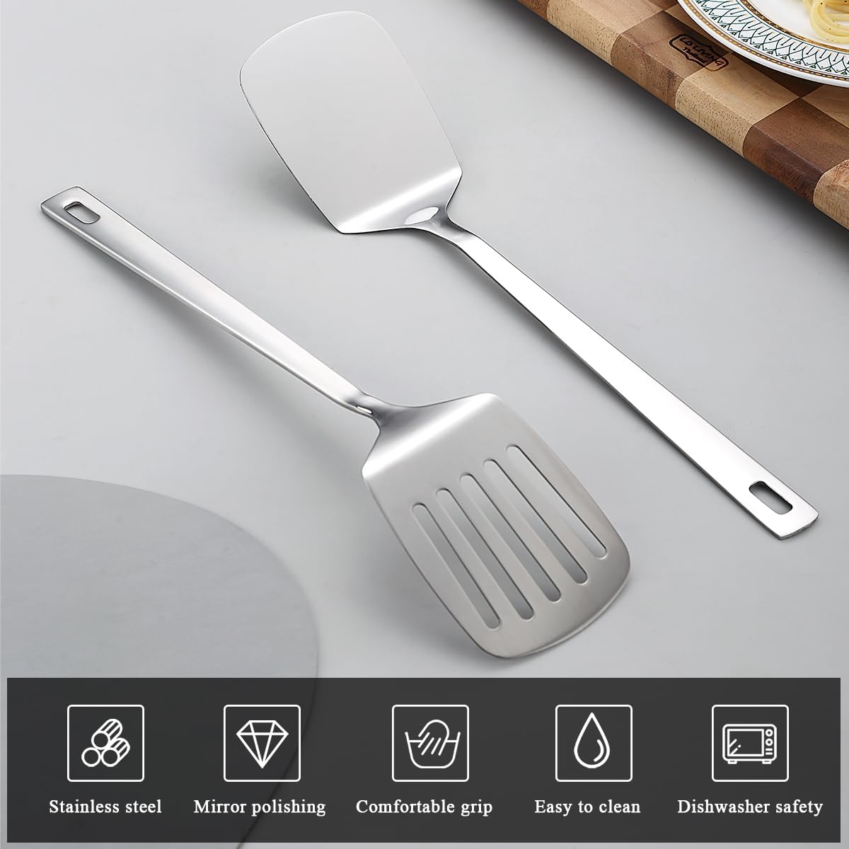Stainless Steel Spatulas Set, Silver Slotted Turner, Solid Turner, Kitchen Spatulas for Nonstick Cookware, Dishwasher Safe, Easy to Clean