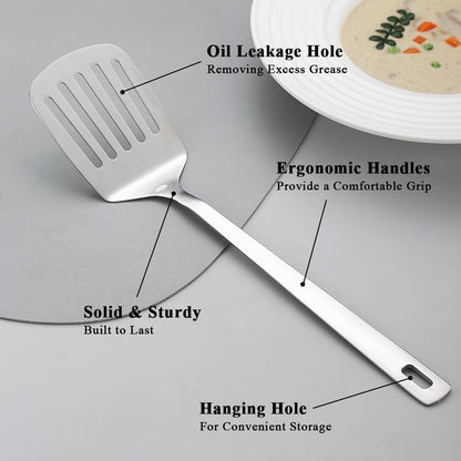 Stainless Steel Spatulas Set, Silver Slotted Turner, Solid Turner, Kitchen Spatulas for Nonstick Cookware, Dishwasher Safe, Easy to Clean
