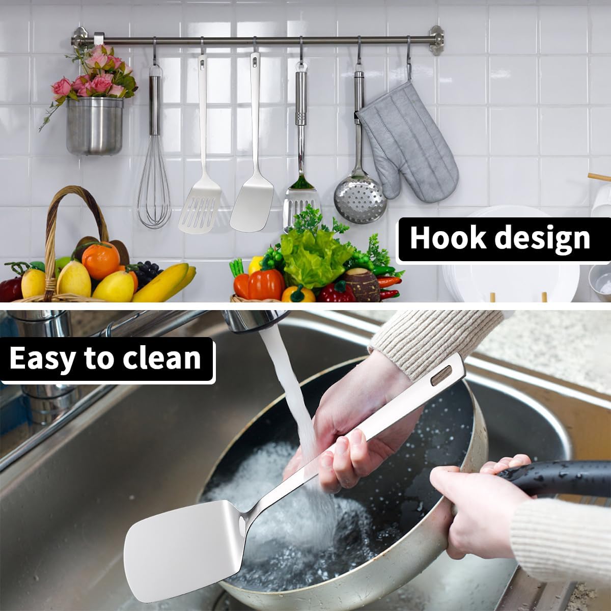 Stainless Steel Spatulas Set, Silver Slotted Turner, Solid Turner, Kitchen Spatulas for Nonstick Cookware, Dishwasher Safe, Easy to Clean