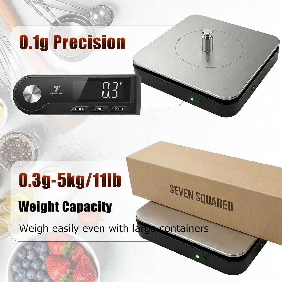 11lb/5kg Digital Kitchen Food Gram Scale with Pull Out Display, 0.1g/0.001oz Precision Wireless Bakery Scale, LED Backlight, 5 Units, USB Rechargeable, Stainless Steel Platform