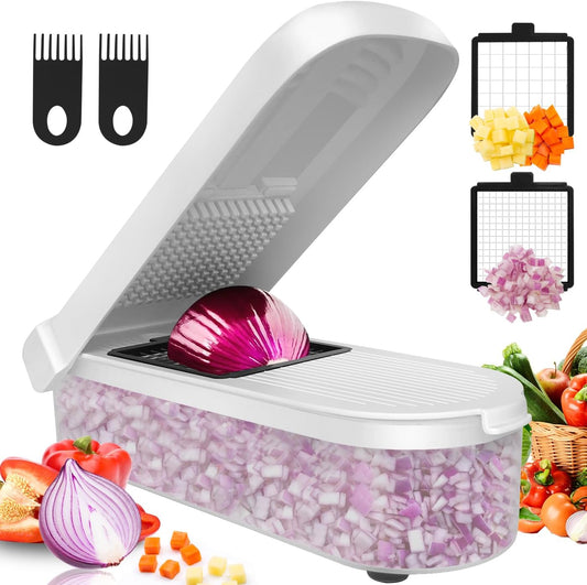 Multifunctional Food Chopper - Onion, Vegetable Slicer Dicer Cutter, Potato Cutter - Veggie Chopper with Container (4 in 1, White)