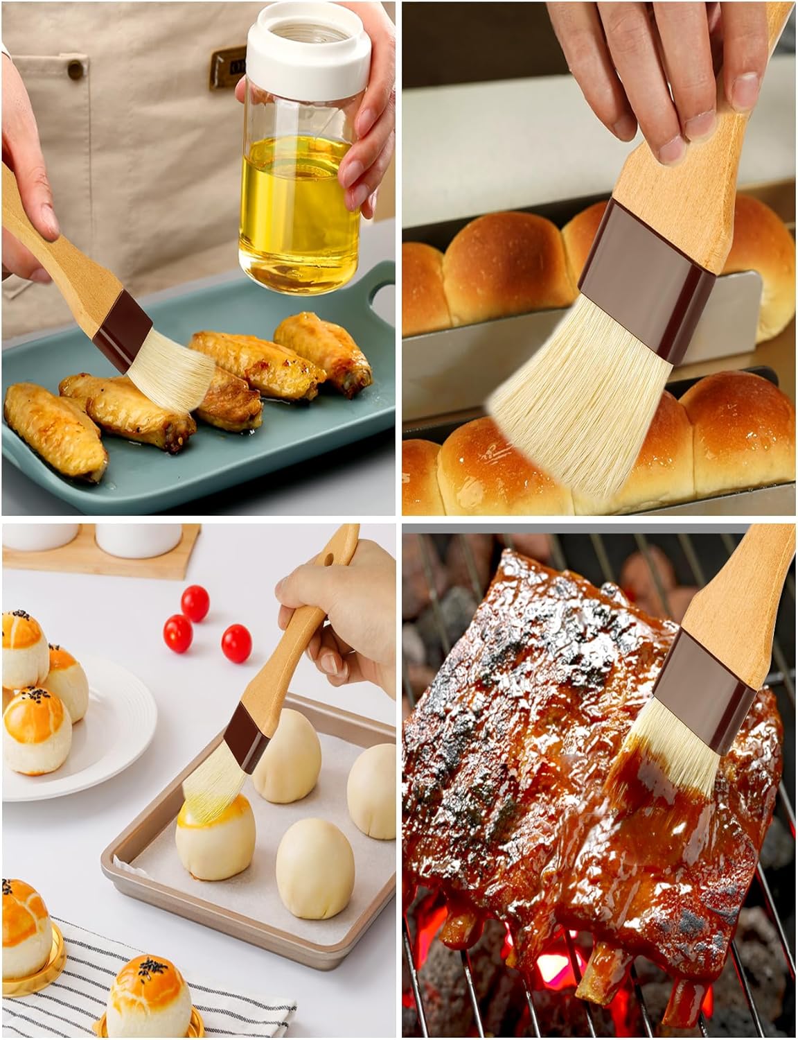 Pastry Basting Brush Natural Bristle - Food Grade Wooden Handle, Heat Resistant, Non-Shedding & Durable Kitchen Utensils for Cooking, Baking, Butter, BBQ, Oil Sauce & Egg Wash (1", 1.5", 3 Pack)