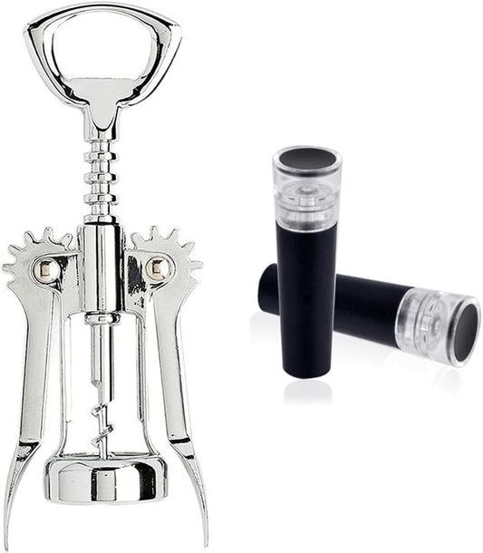 Wing Corkscrew Wine Opener Set, Zinc Alloy Manual with Built-in Cap Opener and 2 Vacuum Stoppers, Stainless Steel, Heavy Duty, 7-Inch