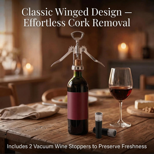 Wing Corkscrew Wine Opener Set, Zinc Alloy Manual with Built-in Cap Opener and 2 Vacuum Stoppers, Stainless Steel, Heavy Duty, 7-Inch