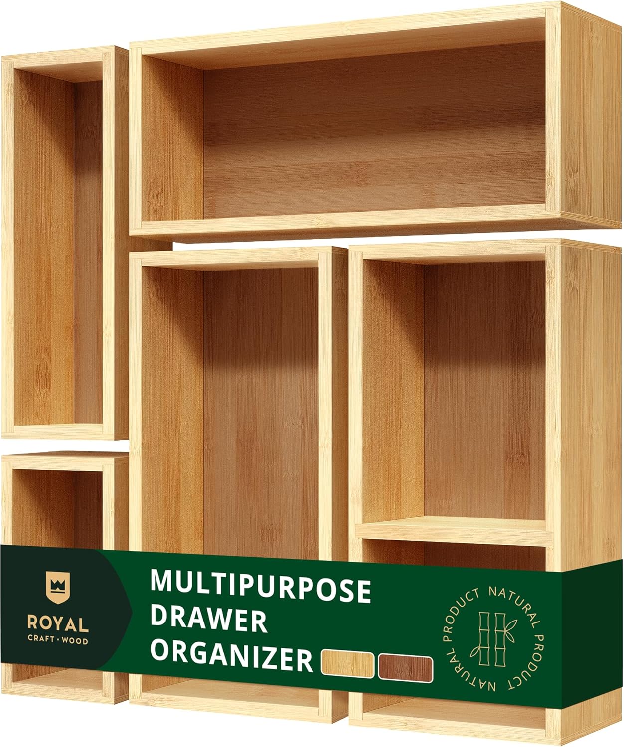 5-Piece Bamboo Drawer Organizer Set – Multi-Use Storage Trays for Kitchen, Bathroom, Office, Makeup, Jewelry & More – Junk Drawer Tray, Utensil Holder, Storage Box & Bin Set (5 Boxes)