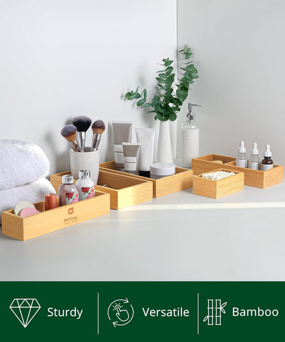 5-Piece Bamboo Drawer Organizer Set – Multi-Use Storage Trays for Kitchen, Bathroom, Office, Makeup, Jewelry & More – Junk Drawer Tray, Utensil Holder, Storage Box & Bin Set (5 Boxes)