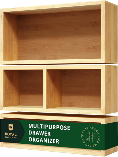 5-Piece Bamboo Drawer Organizer Set – Multi-Use Storage Trays for Kitchen, Bathroom, Office, Makeup, Jewelry & More – Junk Drawer Tray, Utensil Holder, Storage Box & Bin Set (5 Boxes)
