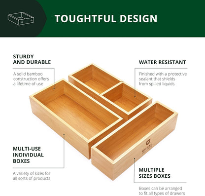 5-Piece Bamboo Drawer Organizer Set – Multi-Use Storage Trays for Kitchen, Bathroom, Office, Makeup, Jewelry & More – Junk Drawer Tray, Utensil Holder, Storage Box & Bin Set (5 Boxes)