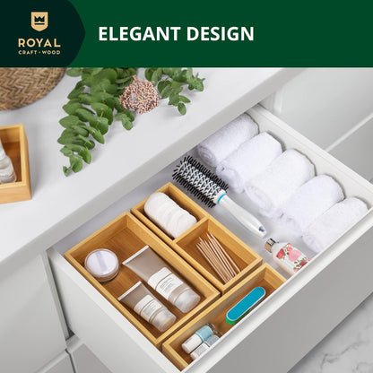 5-Piece Bamboo Drawer Organizer Set – Multi-Use Storage Trays for Kitchen, Bathroom, Office, Makeup, Jewelry & More – Junk Drawer Tray, Utensil Holder, Storage Box & Bin Set (5 Boxes)