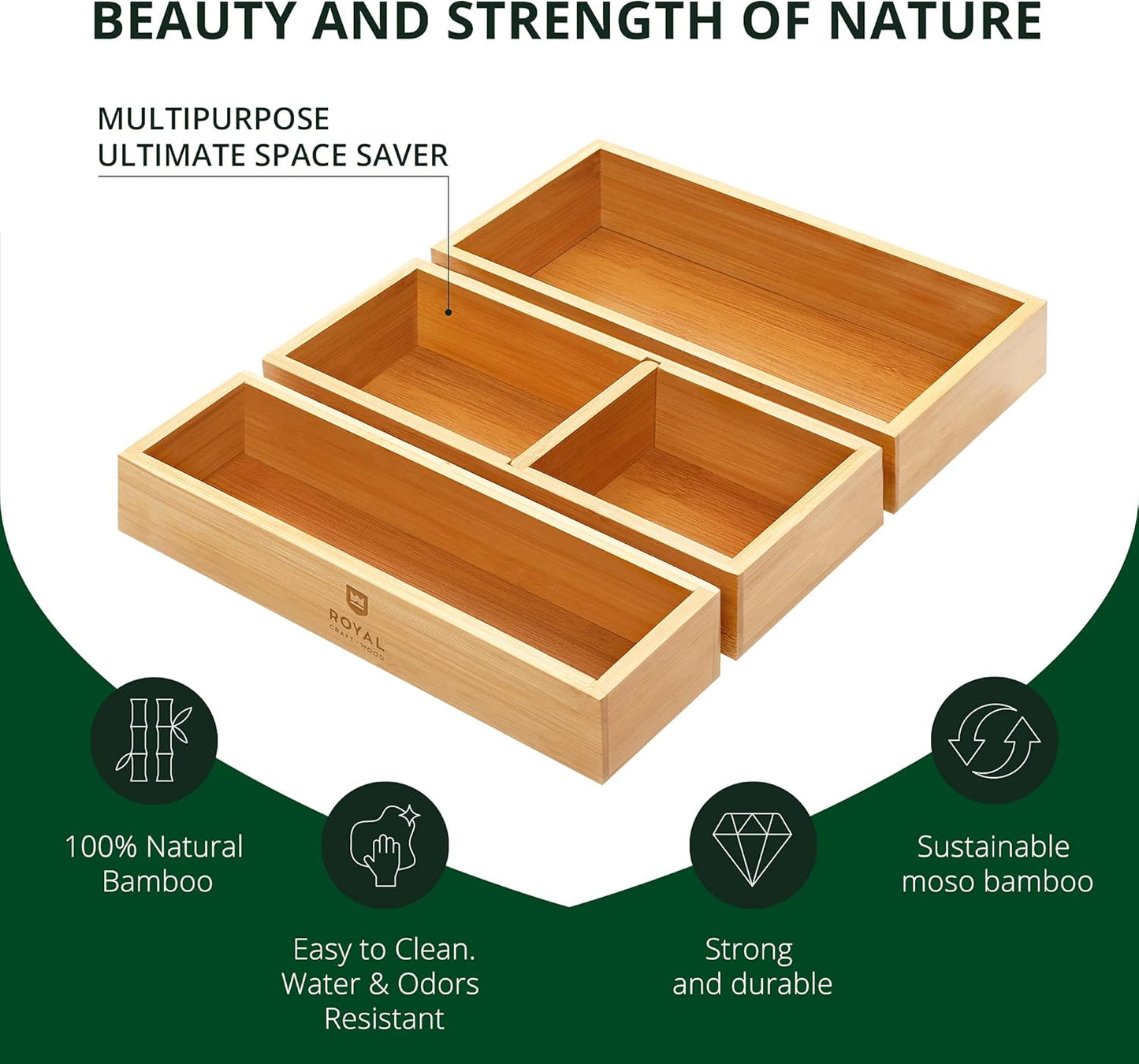 5-Piece Bamboo Drawer Organizer Set – Multi-Use Storage Trays for Kitchen, Bathroom, Office, Makeup, Jewelry & More – Junk Drawer Tray, Utensil Holder, Storage Box & Bin Set (5 Boxes)