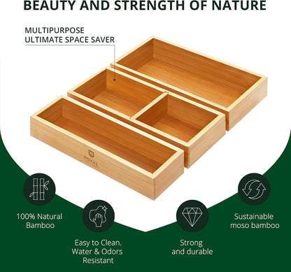 5-Piece Bamboo Drawer Organizer Set – Multi-Use Storage Trays for Kitchen, Bathroom, Office, Makeup, Jewelry & More – Junk Drawer Tray, Utensil Holder, Storage Box & Bin Set (5 Boxes)