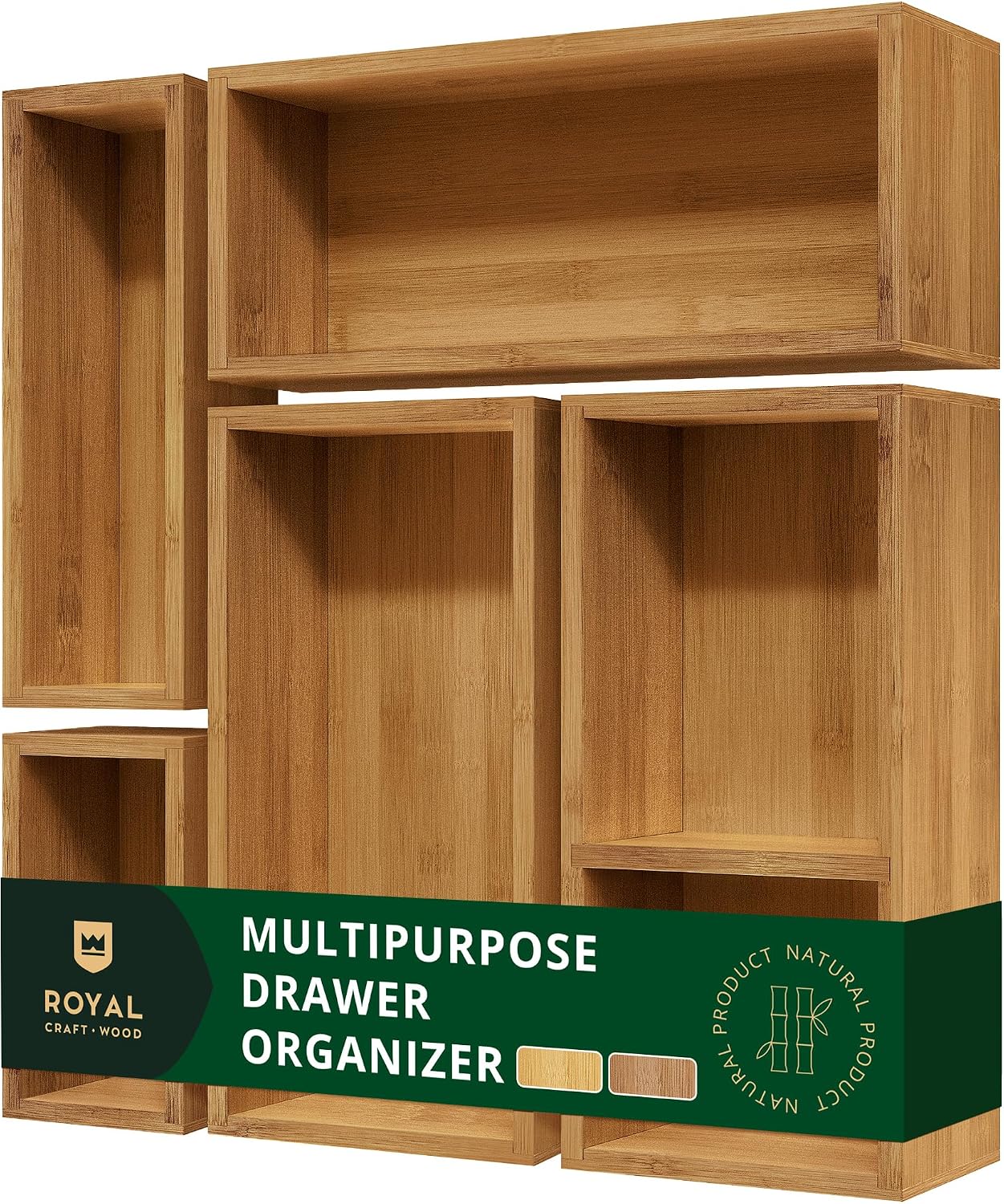 5-Piece Bamboo Drawer Organizer Set – Multi-Use Storage Trays for Kitchen, Bathroom, Office, Makeup, Jewelry & More – Junk Drawer Tray, Utensil Holder, Storage Box & Bin Set (5 Boxes)
