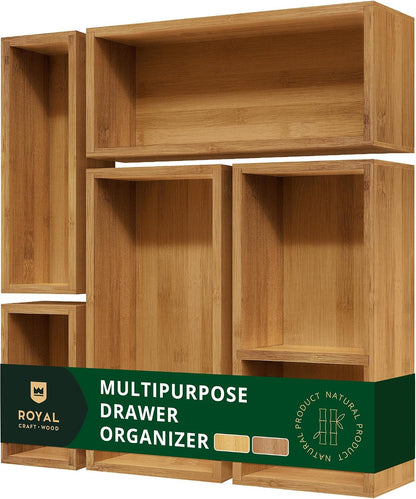 5-Piece Bamboo Drawer Organizer Set – Multi-Use Storage Trays for Kitchen, Bathroom, Office, Makeup, Jewelry & More – Junk Drawer Tray, Utensil Holder, Storage Box & Bin Set (5 Boxes)