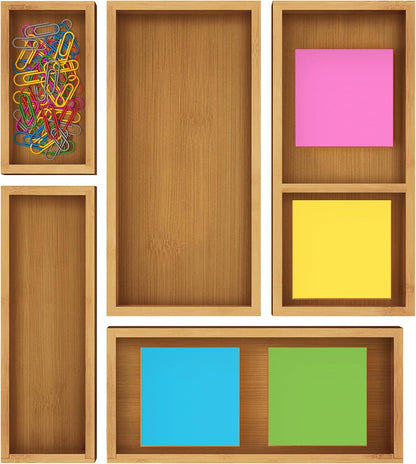 5-Piece Bamboo Drawer Organizer Set – Multi-Use Storage Trays for Kitchen, Bathroom, Office, Makeup, Jewelry & More – Junk Drawer Tray, Utensil Holder, Storage Box & Bin Set (5 Boxes)