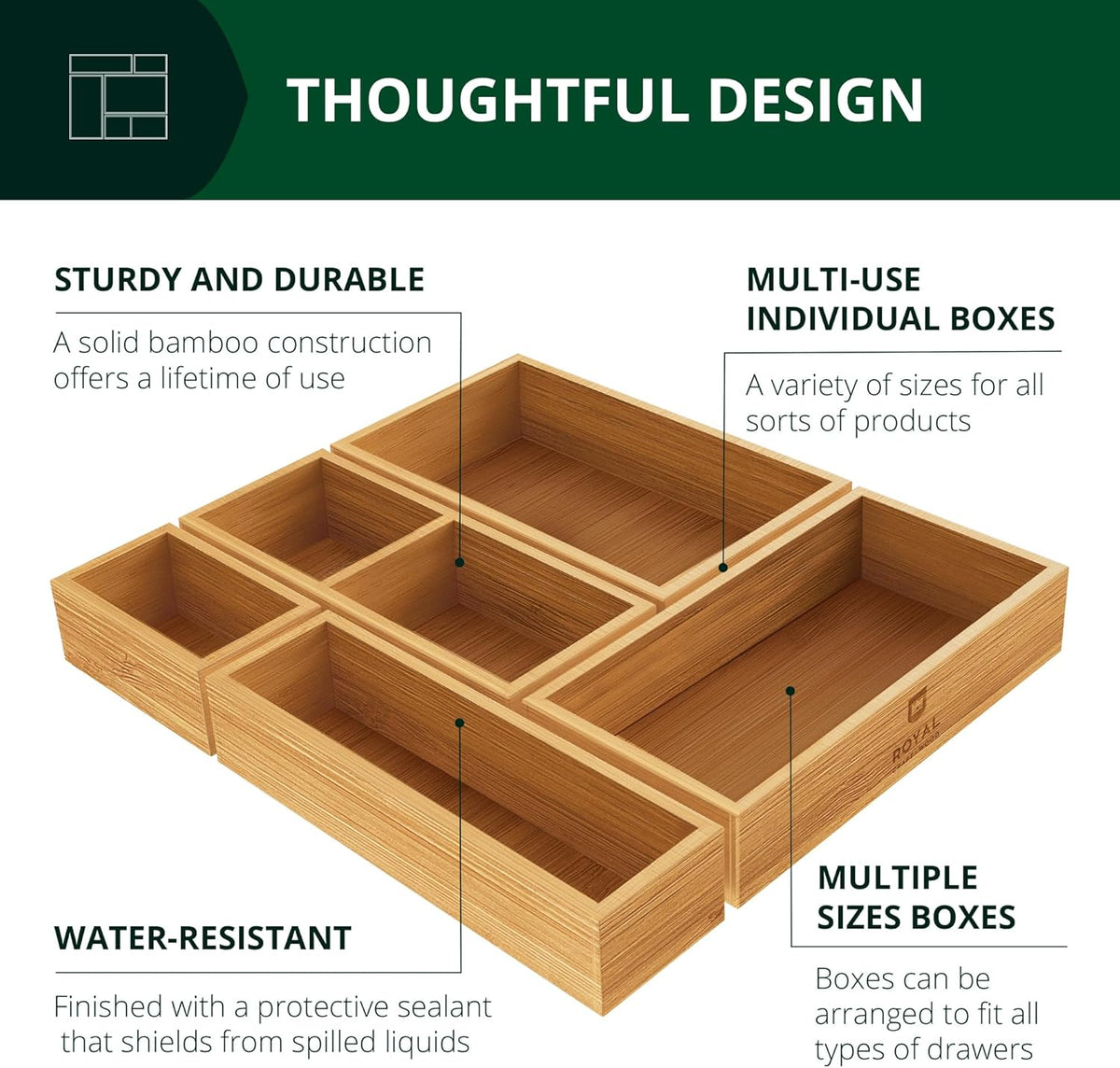 5-Piece Bamboo Drawer Organizer Set – Multi-Use Storage Trays for Kitchen, Bathroom, Office, Makeup, Jewelry & More – Junk Drawer Tray, Utensil Holder, Storage Box & Bin Set (5 Boxes)