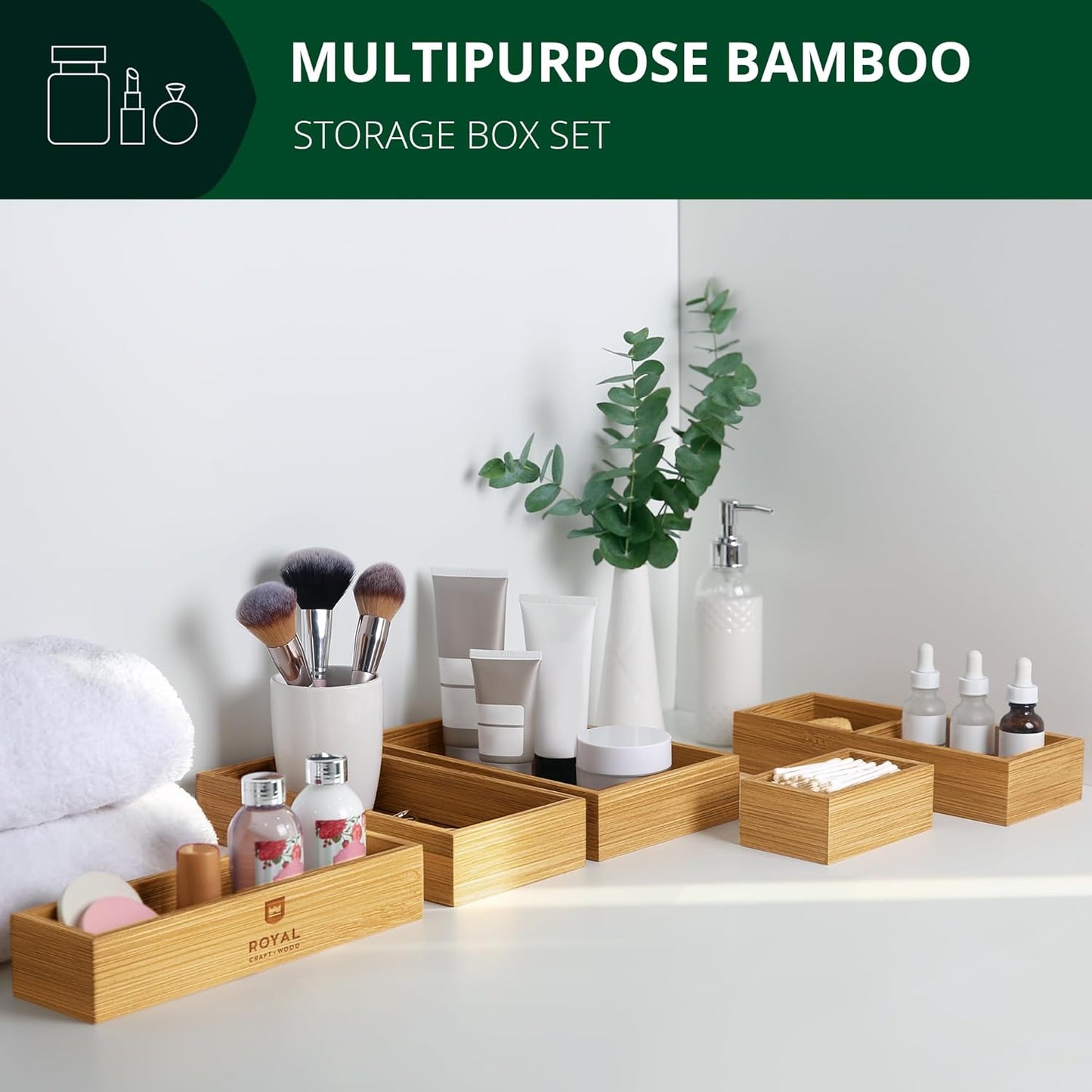 5-Piece Bamboo Drawer Organizer Set – Multi-Use Storage Trays for Kitchen, Bathroom, Office, Makeup, Jewelry & More – Junk Drawer Tray, Utensil Holder, Storage Box & Bin Set (5 Boxes)