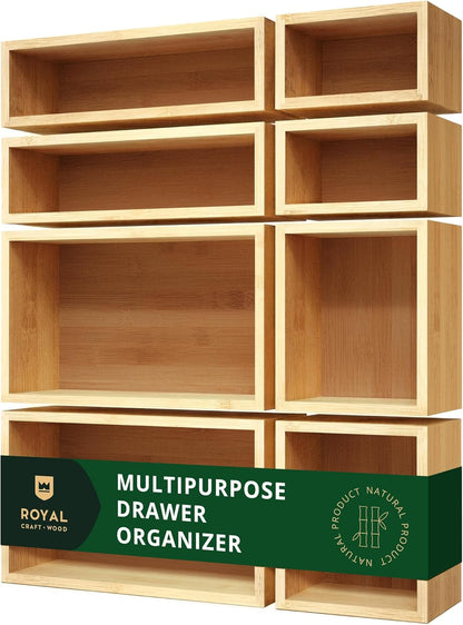 5-Piece Bamboo Drawer Organizer Set – Multi-Use Storage Trays for Kitchen, Bathroom, Office, Makeup, Jewelry & More – Junk Drawer Tray, Utensil Holder, Storage Box & Bin Set (5 Boxes)