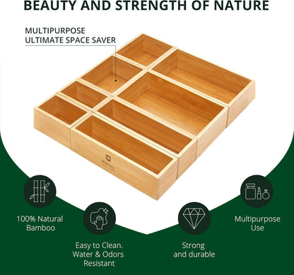 5-Piece Bamboo Drawer Organizer Set – Multi-Use Storage Trays for Kitchen, Bathroom, Office, Makeup, Jewelry & More – Junk Drawer Tray, Utensil Holder, Storage Box & Bin Set (5 Boxes)
