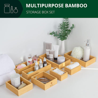 5-Piece Bamboo Drawer Organizer Set – Multi-Use Storage Trays for Kitchen, Bathroom, Office, Makeup, Jewelry & More – Junk Drawer Tray, Utensil Holder, Storage Box & Bin Set (5 Boxes)