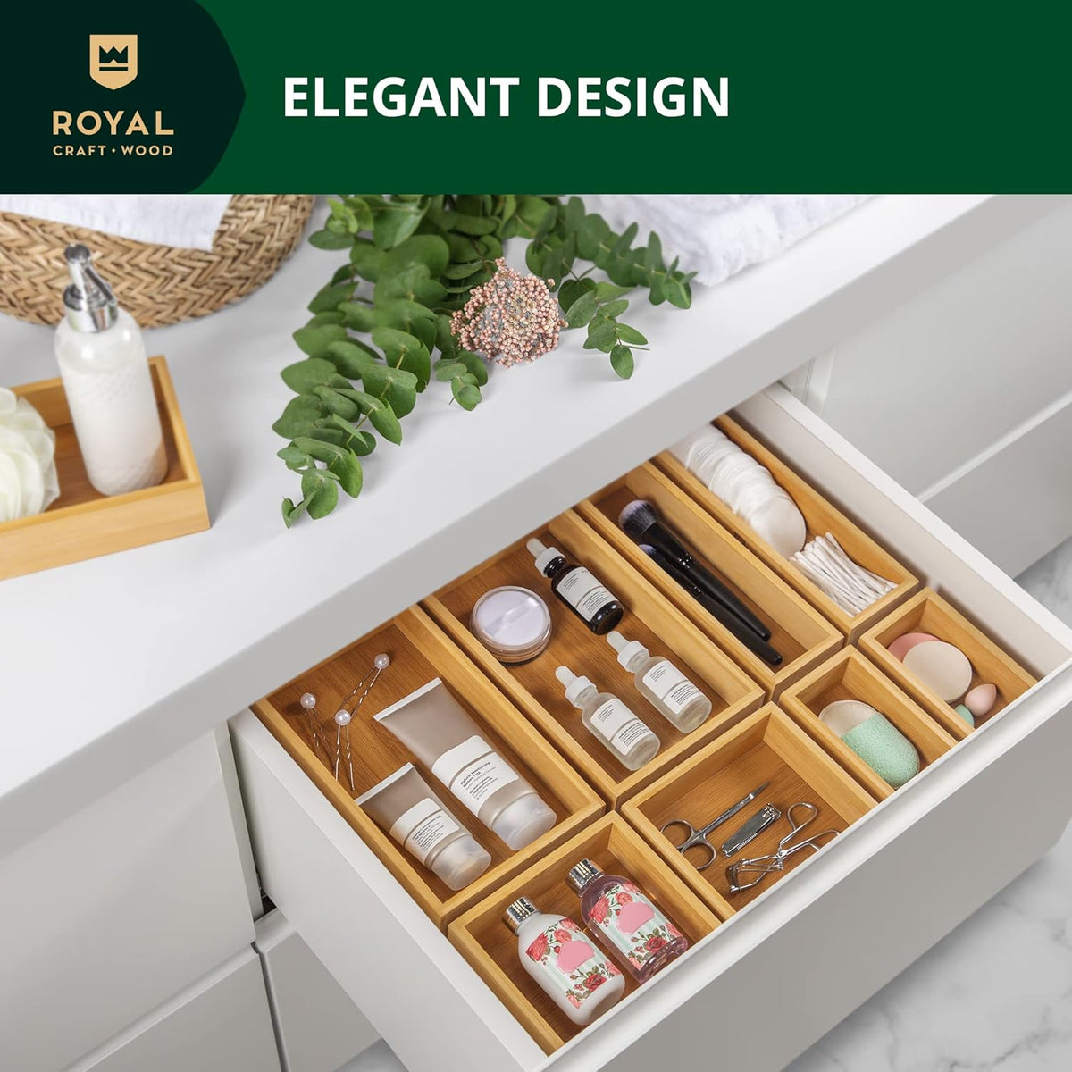 5-Piece Bamboo Drawer Organizer Set – Multi-Use Storage Trays for Kitchen, Bathroom, Office, Makeup, Jewelry & More – Junk Drawer Tray, Utensil Holder, Storage Box & Bin Set (5 Boxes)