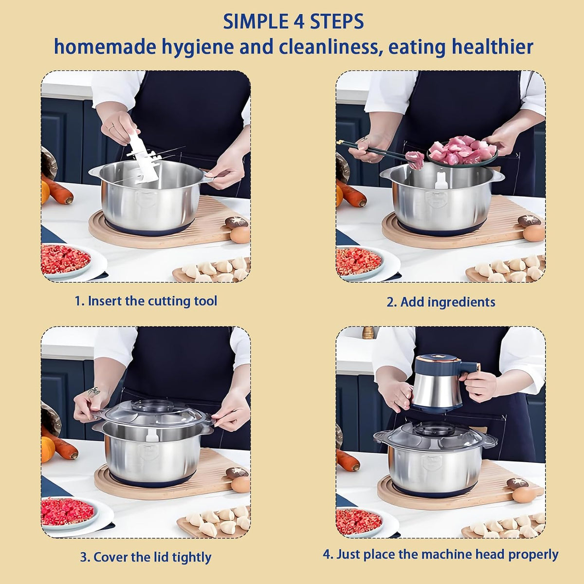 Electric Food chopper, Food Processors, Meat Grinder, 800W, 18/10 Stainless Steel, 3L Capacity,Vegetable Chopper,5-key Buttons,Quadruple-Layer 4 Blades,Suitable For Food processing and Chopping