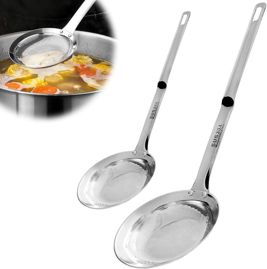 2PCS Stainless Steel Fine Mesh Skimmer, Fat Skimmer Spoon, 2 Sizes Long Handle Hand Held Strainer, Grease Spoon Skimmer For Cooking, Frying, Pasta, Egg, Foam