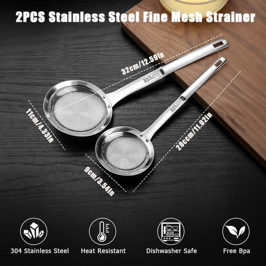 2PCS Stainless Steel Fine Mesh Skimmer, Fat Skimmer Spoon, 2 Sizes Long Handle Hand Held Strainer, Grease Spoon Skimmer For Cooking, Frying, Pasta, Egg, Foam