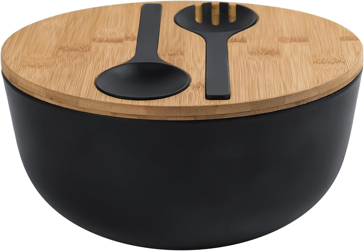 Bamboo Fiber Salad Bowl with Servers Set Large 9.8 inches Nature Bamboo Mixing Bowl with Servers with Lid Spoon and Fork for Fruits,Salads and Vegetables