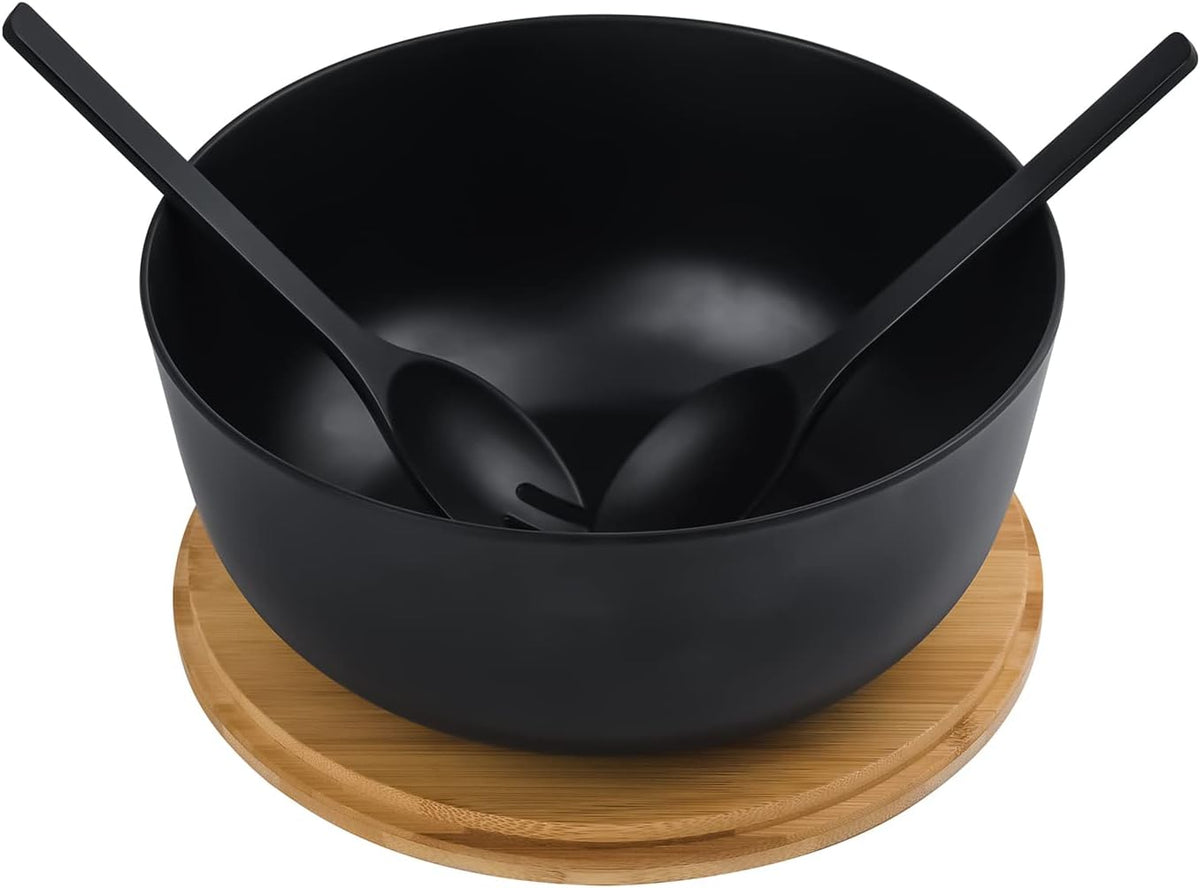 Bamboo Fiber Salad Bowl with Servers Set Large 9.8 inches Nature Bamboo Mixing Bowl with Servers with Lid Spoon and Fork for Fruits,Salads and Vegetables