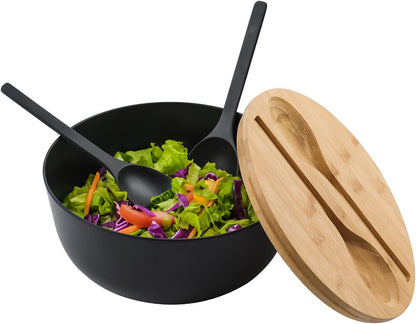 Bamboo Fiber Salad Bowl with Servers Set Large 9.8 inches Nature Bamboo Mixing Bowl with Servers with Lid Spoon and Fork for Fruits,Salads and Vegetables