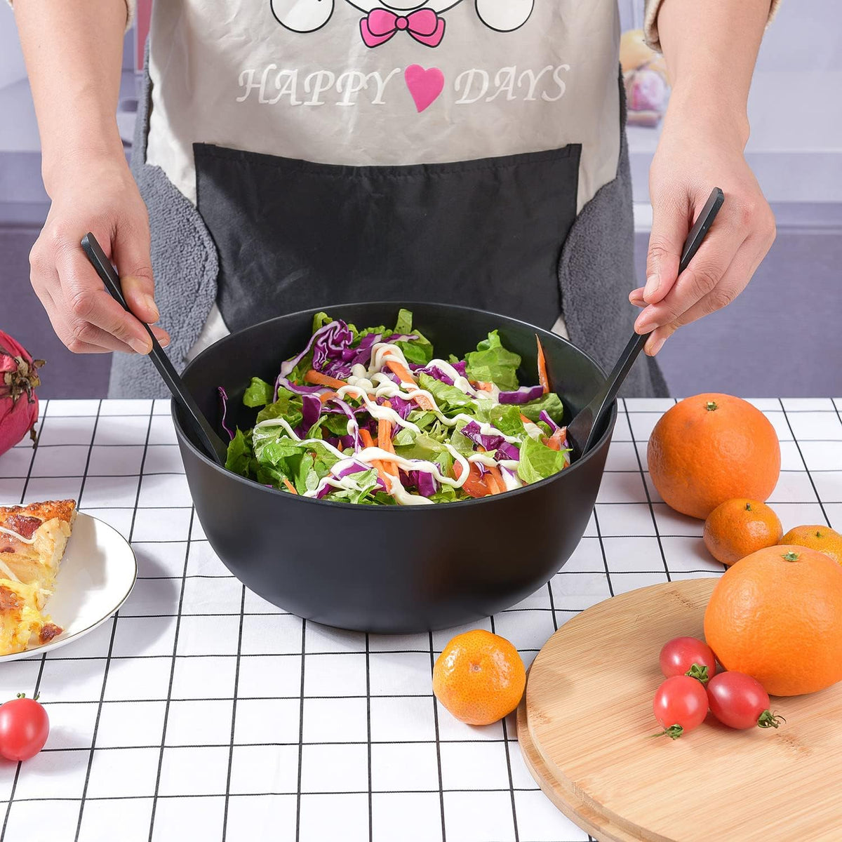 Bamboo Fiber Salad Bowl with Servers Set Large 9.8 inches Nature Bamboo Mixing Bowl with Servers with Lid Spoon and Fork for Fruits,Salads and Vegetables
