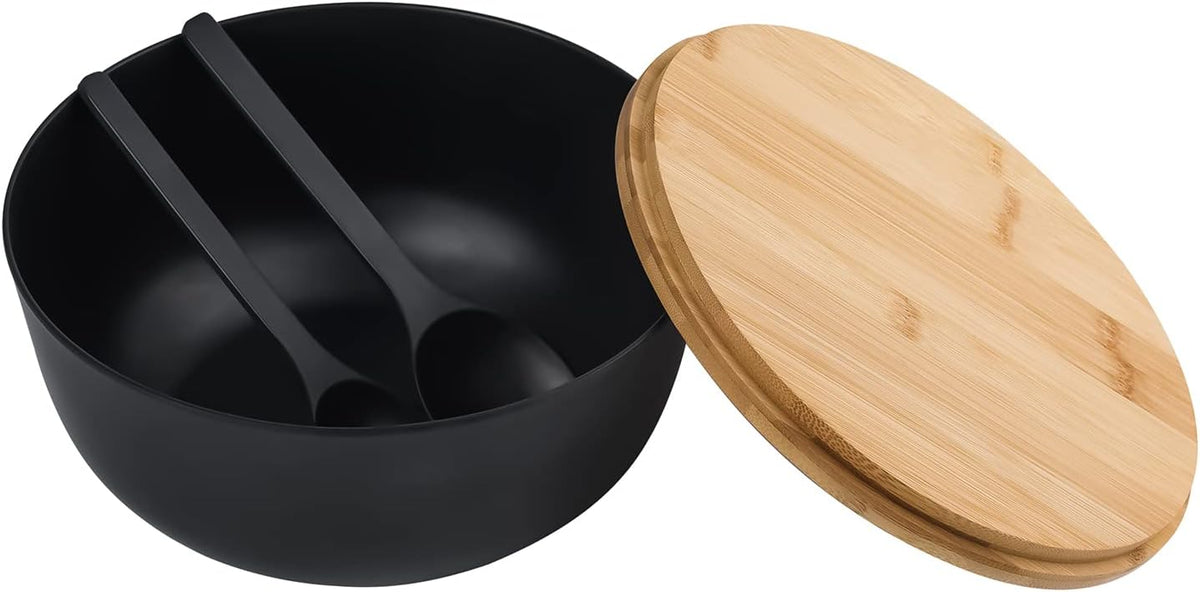 Bamboo Fiber Salad Bowl with Servers Set Large 9.8 inches Nature Bamboo Mixing Bowl with Servers with Lid Spoon and Fork for Fruits,Salads and Vegetables