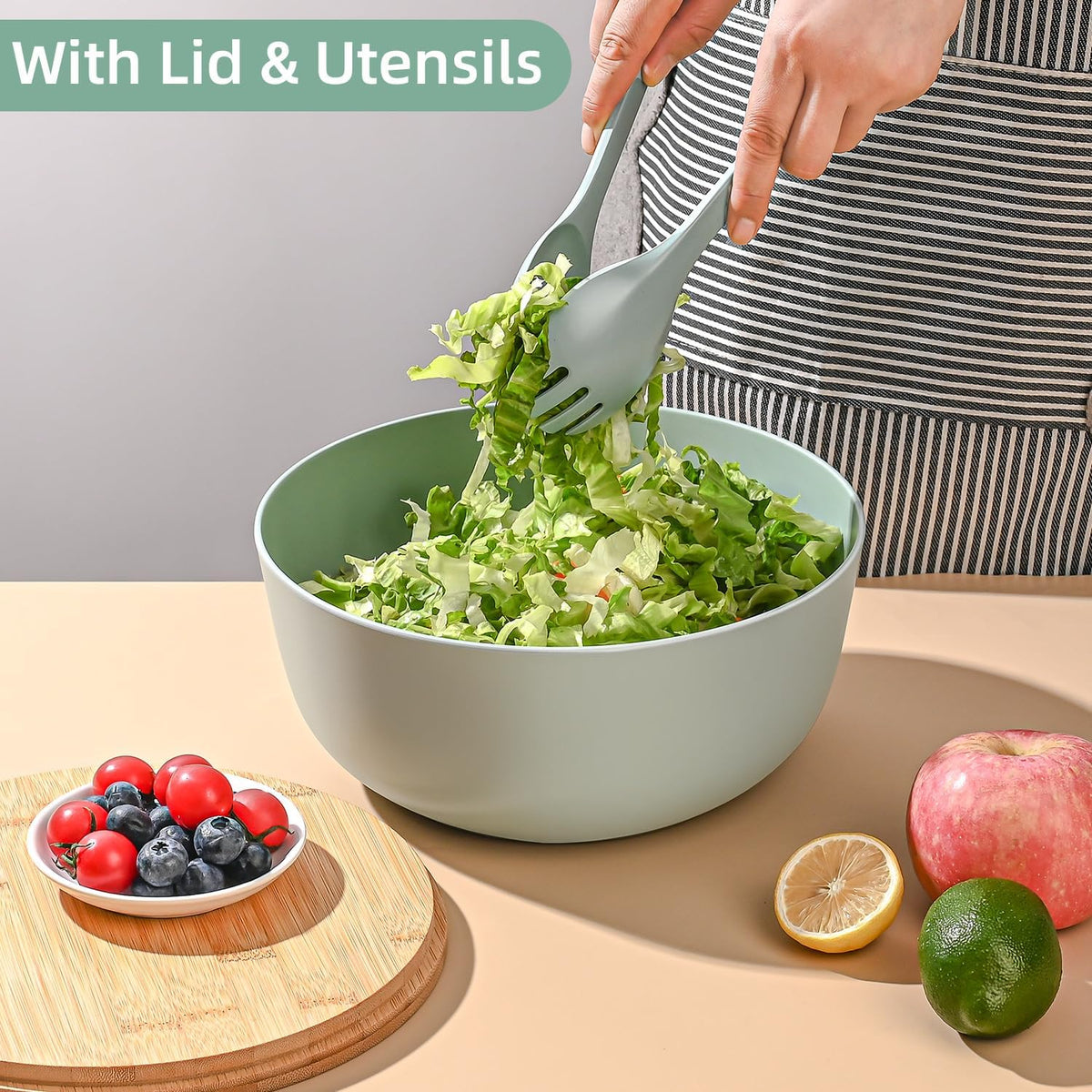 Bamboo Fiber Salad Bowl with Servers Set Large 9.8 inches Nature Bamboo Mixing Bowl with Servers with Lid Spoon and Fork for Fruits,Salads and Vegetables