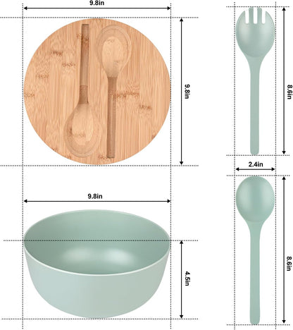Bamboo Fiber Salad Bowl with Servers Set Large 9.8 inches Nature Bamboo Mixing Bowl with Servers with Lid Spoon and Fork for Fruits,Salads and Vegetables