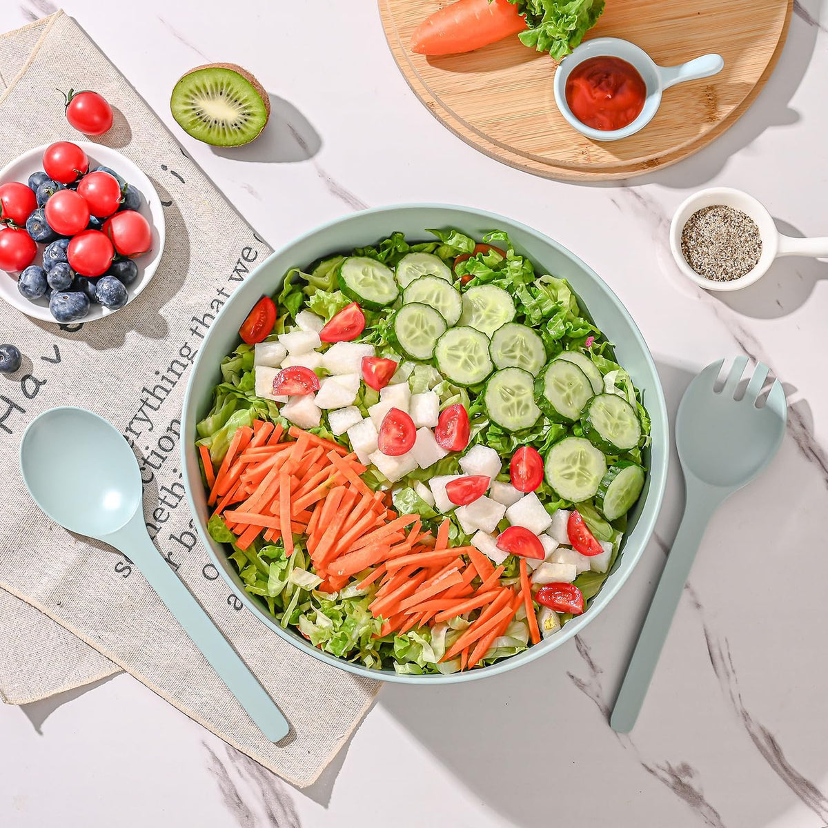Bamboo Fiber Salad Bowl with Servers Set Large 9.8 inches Nature Bamboo Mixing Bowl with Servers with Lid Spoon and Fork for Fruits,Salads and Vegetables
