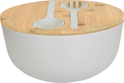 Bamboo Fiber Salad Bowl with Servers Set Large 9.8 inches Nature Bamboo Mixing Bowl with Servers with Lid Spoon and Fork for Fruits,Salads and Vegetables