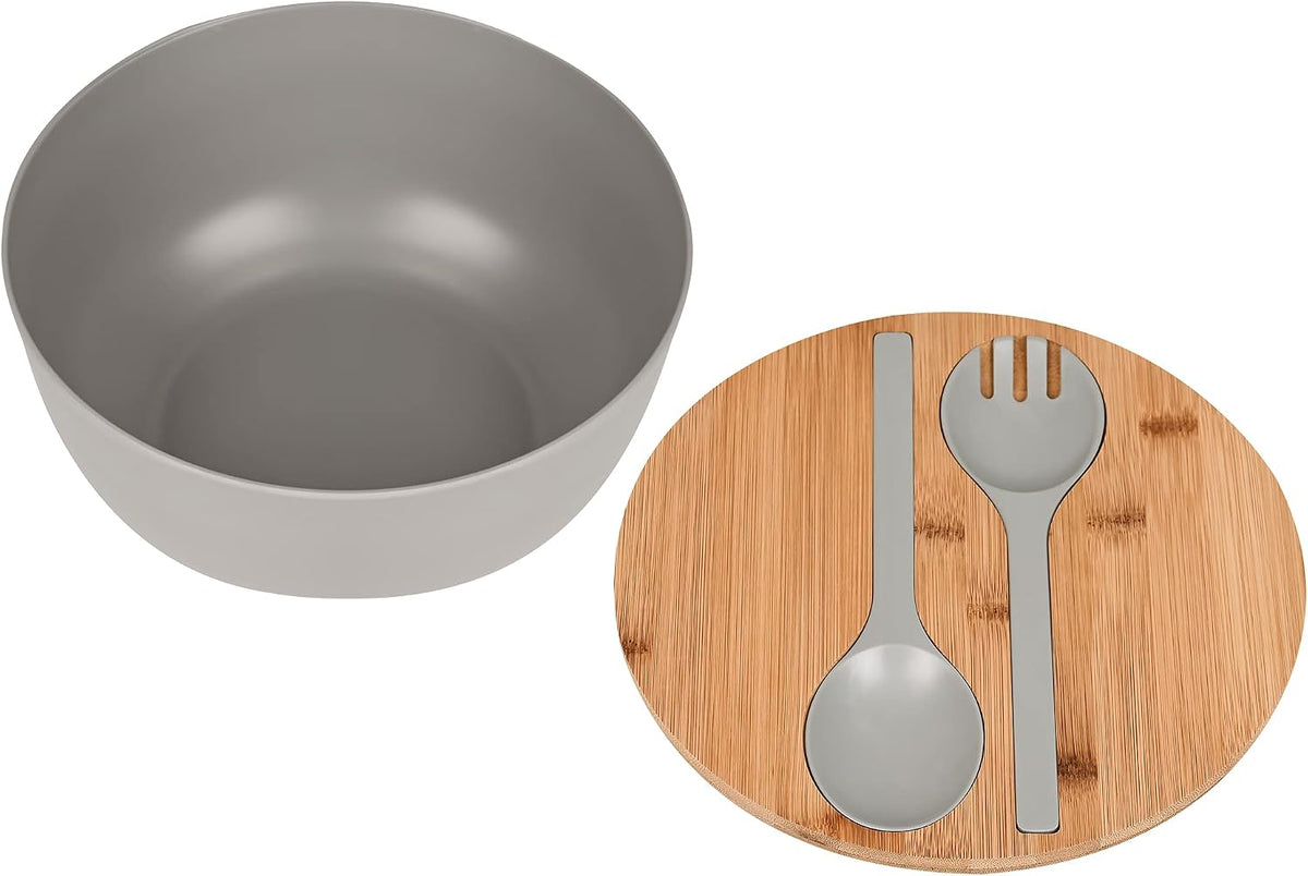 Bamboo Fiber Salad Bowl with Servers Set Large 9.8 inches Nature Bamboo Mixing Bowl with Servers with Lid Spoon and Fork for Fruits,Salads and Vegetables