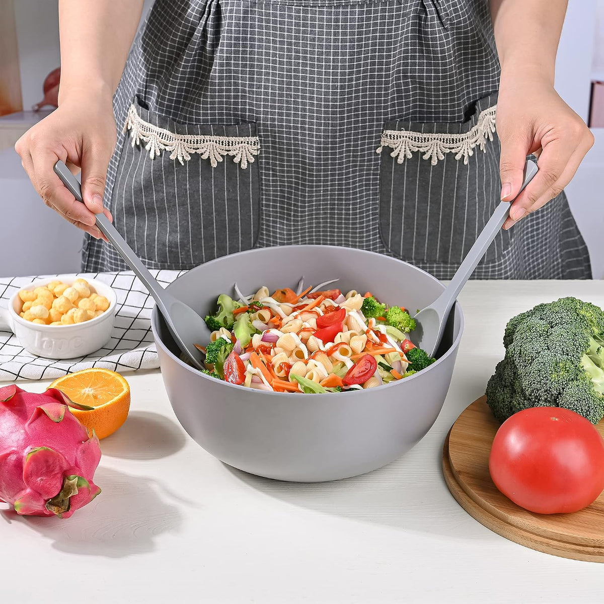 Bamboo Fiber Salad Bowl with Servers Set Large 9.8 inches Nature Bamboo Mixing Bowl with Servers with Lid Spoon and Fork for Fruits,Salads and Vegetables