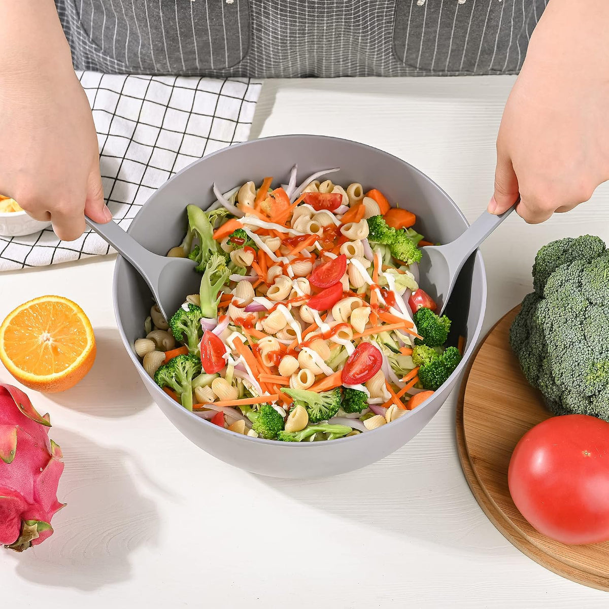 Bamboo Fiber Salad Bowl with Servers Set Large 9.8 inches Nature Bamboo Mixing Bowl with Servers with Lid Spoon and Fork for Fruits,Salads and Vegetables