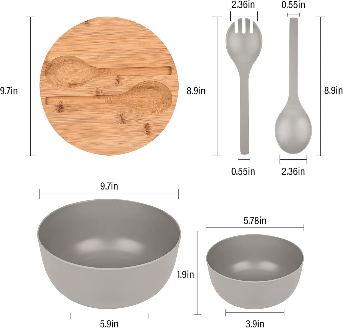 Bamboo Fiber Salad Bowl with Servers Set Large 9.8 inches Nature Bamboo Mixing Bowl with Servers with Lid Spoon and Fork for Fruits,Salads and Vegetables